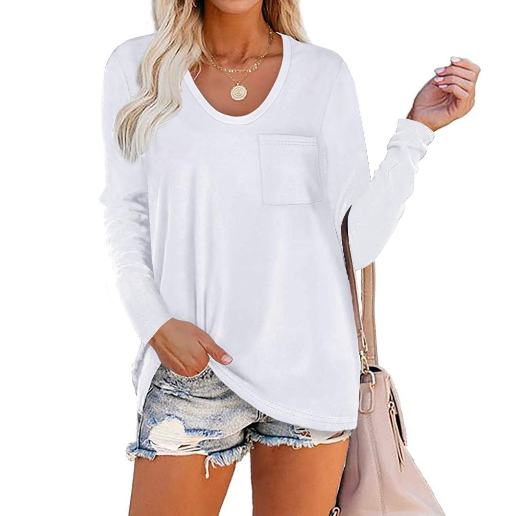 European and American cross-border round neck striped pocket casual long-sleeved loose top T-shirt