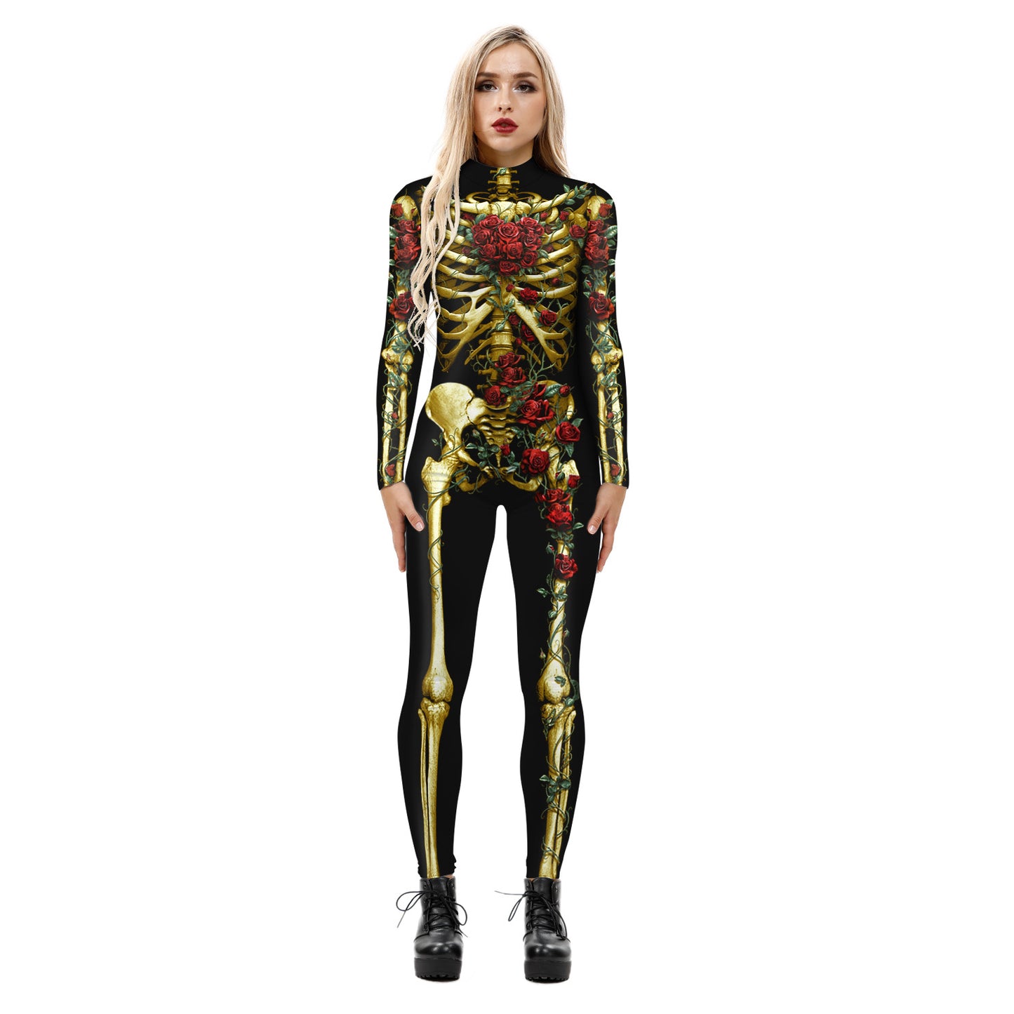 New Halloween skeleton digital printing long-sleeved bodysuit slim fit slim cosplay costume