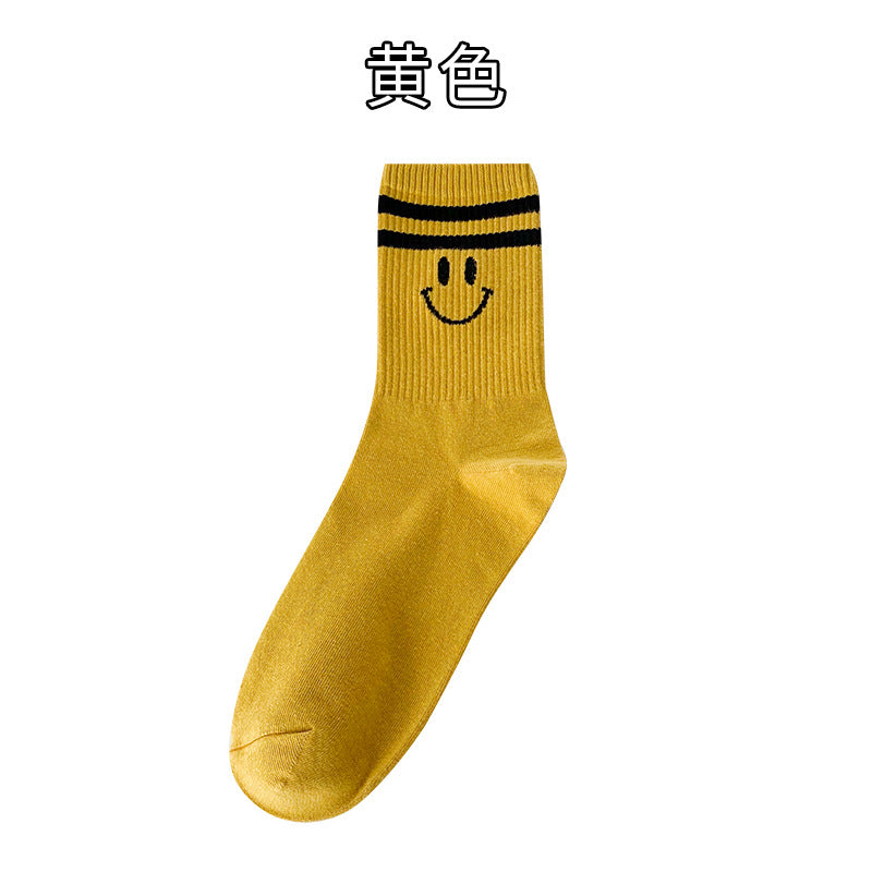 Female cute cotton socks striped tube socks ins tide smiley face two-bar stockings