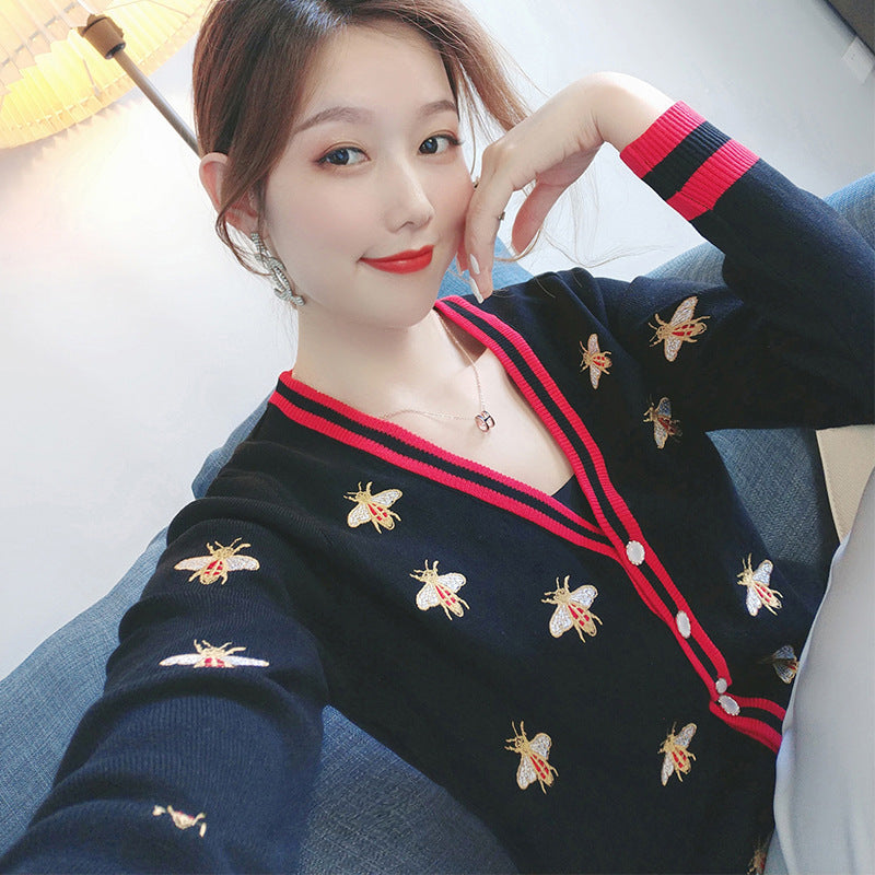 European and American knitted sweater heavy industry embroidery V-neck sweater cardigan jacket temperament outerwear top