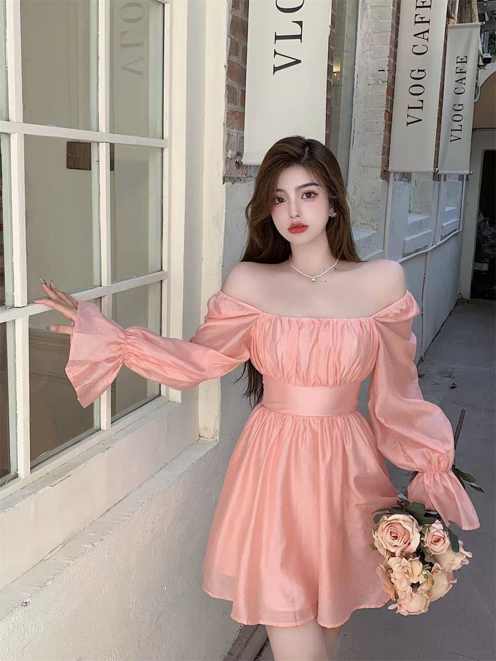 French court light familiar style ladies temperament square collar bubble long sleeves careful machine lace high waist slim dress