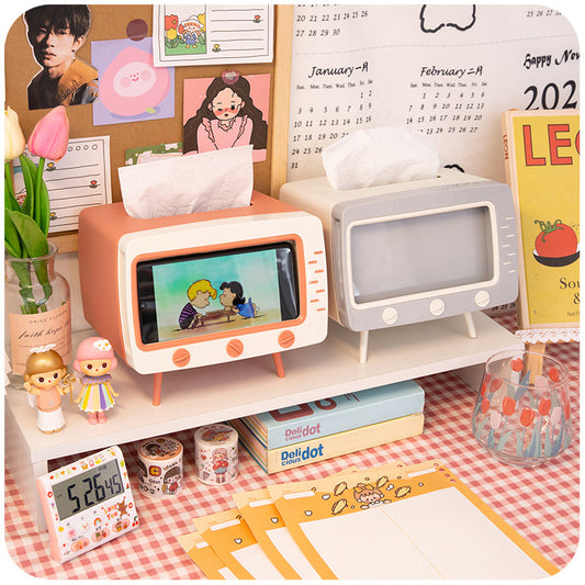 TV tissue box multifunctional retro household living room tissue storage box creative paper mobile phone holder