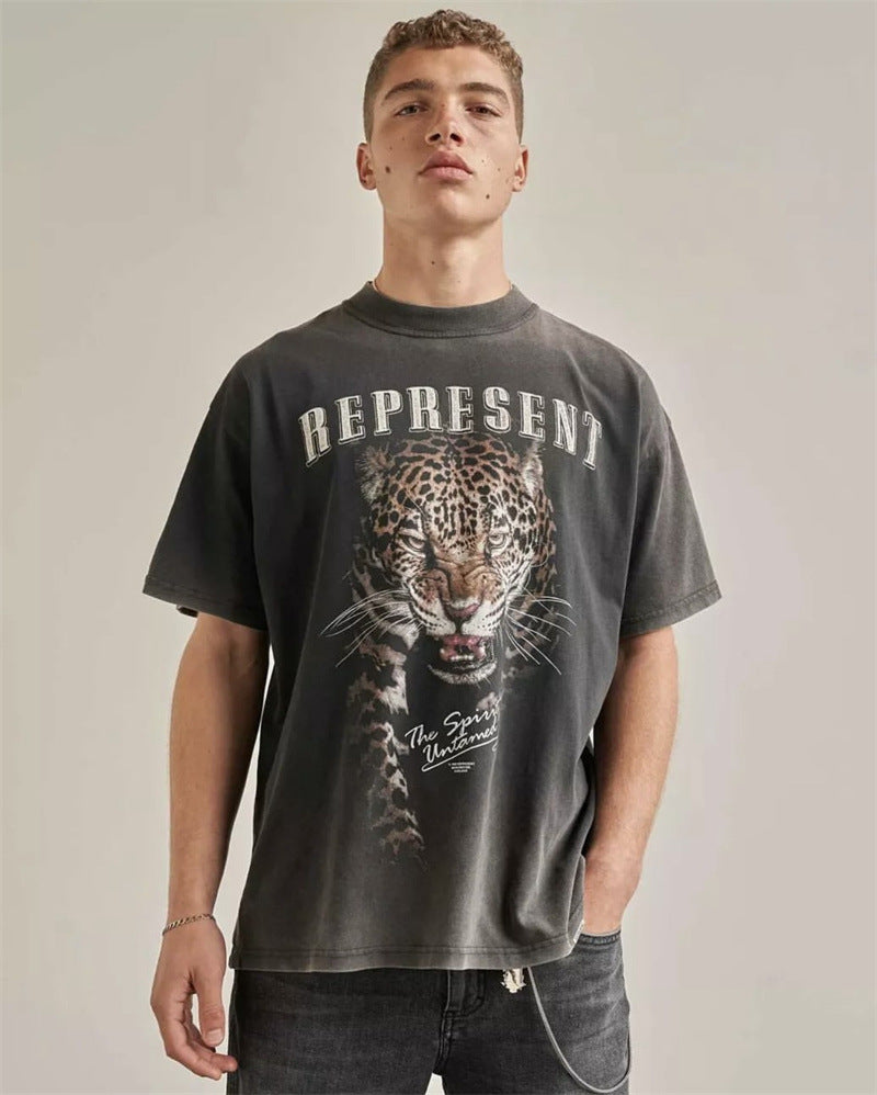 European and American R high street tide brand short-sleeved leopard print retro old T-shirt