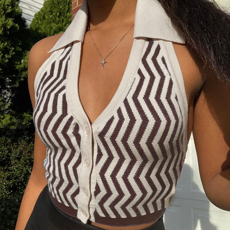 Sexy fashion strapless lapel halter vest wave stripe halter vest