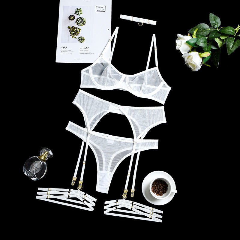 New women's fashion sexy underwear mesh comfortable slimming gather with steel ring four-piece set