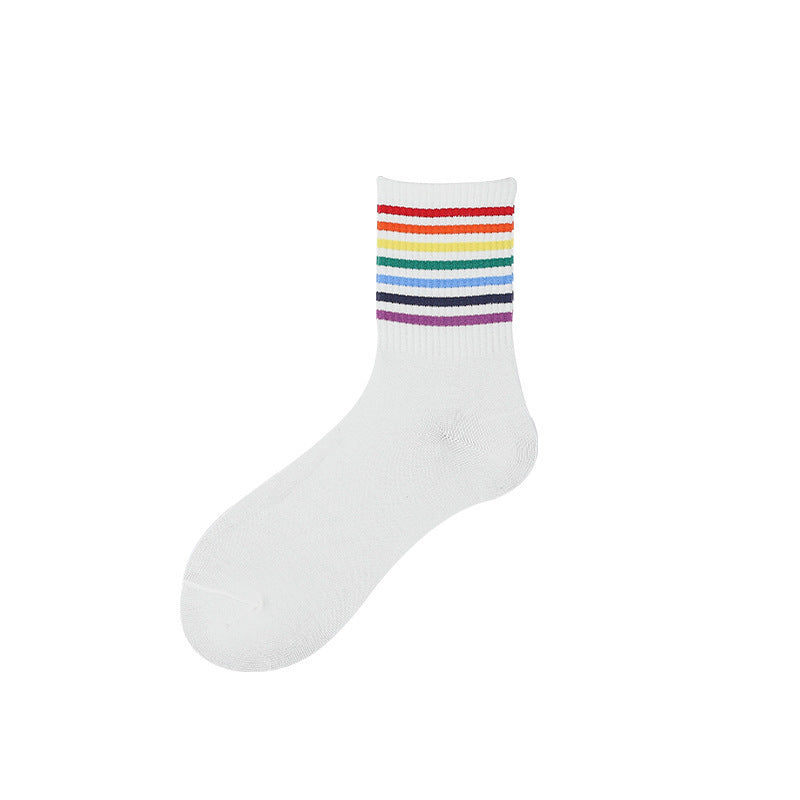 Socks female spring rainbow socks ladies simple medium tube cotton socks fresh striped cotton stockings