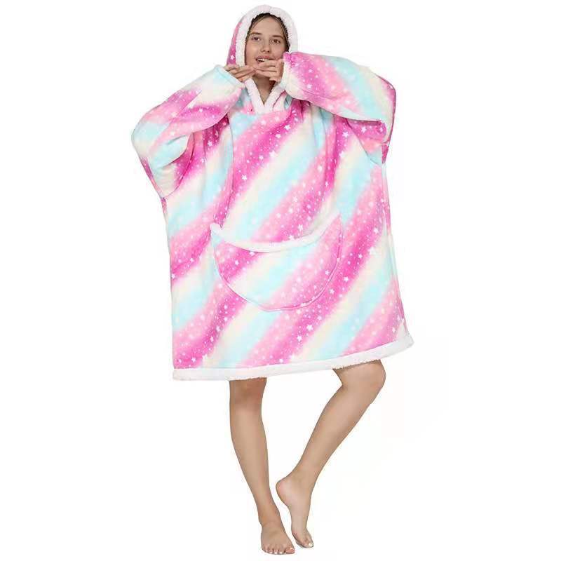 Lazy blanket flannel composite lamb wool pullover sweater TV blanket hooded lazy outdoor warm pajamas