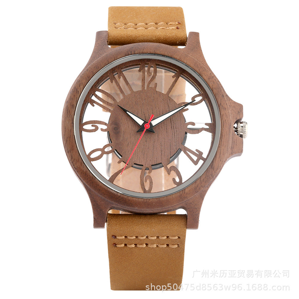 New fashion zebra walnut hollow transparent wooden watch, men's quartz casual watch