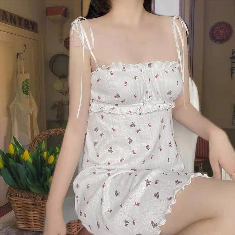 New pastoral style floral suspender dress girl sweet sexy tube top nightdress gentle temperament waist pajamas