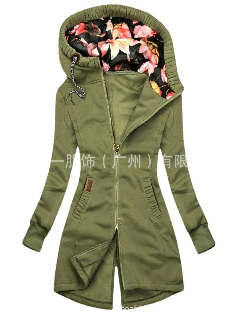 European and American women's clothing solid color stitching drawstring hooded slim fashion jacket