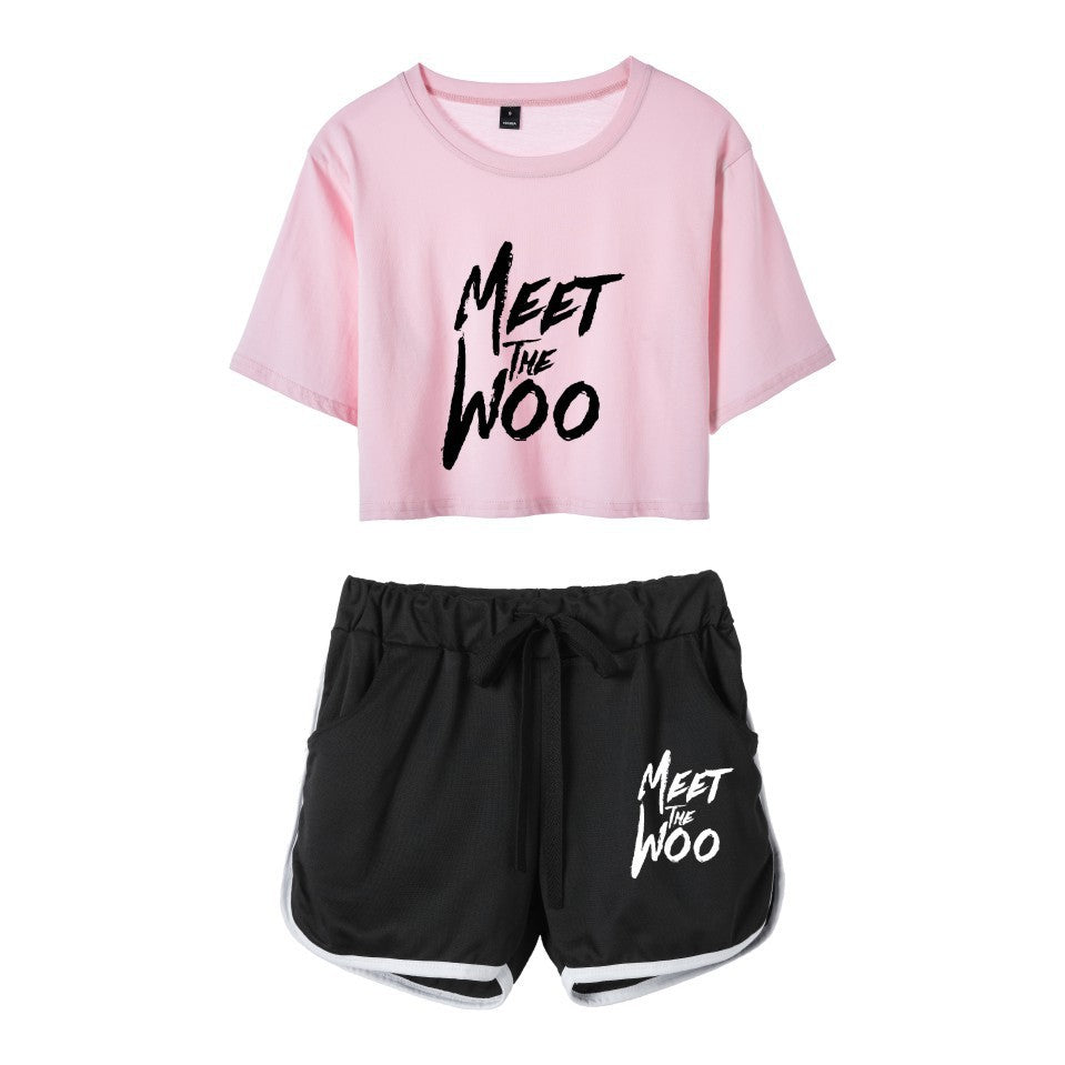 Fashion rapper series around dance cropped navel short-sleeved shorts women's suit T-shirt