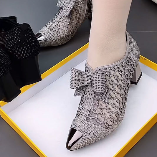 Hollow mesh single shoes women's new all-match thick-heeled medium-high-heeled pointed black zipper sandals women's shoes