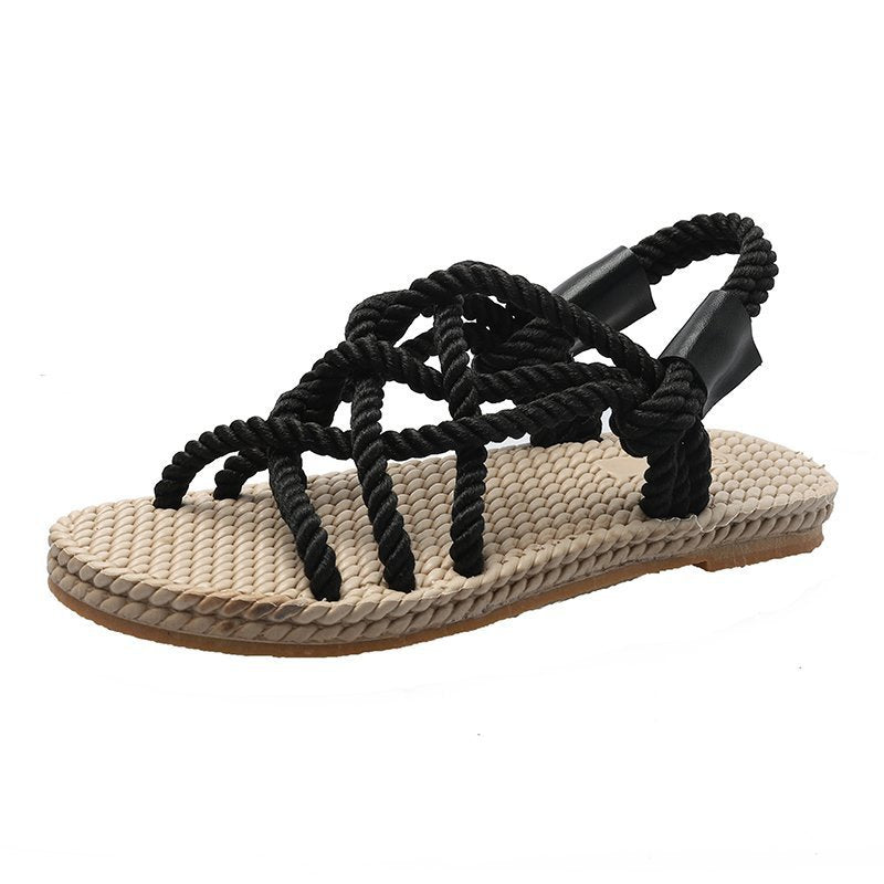 Hemp rope sandals women new style flat women's shoes comfortable set toe cross strap casual beach sandals