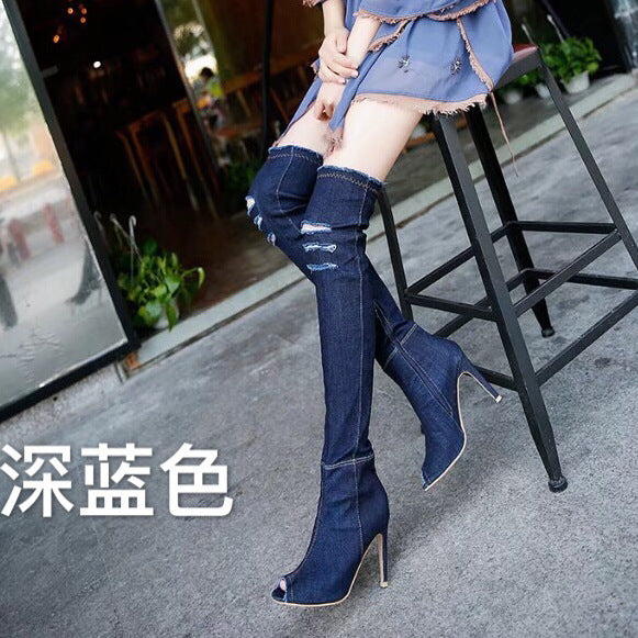 Denim high-heeled over-the-knee fish mouth boots women's shoes