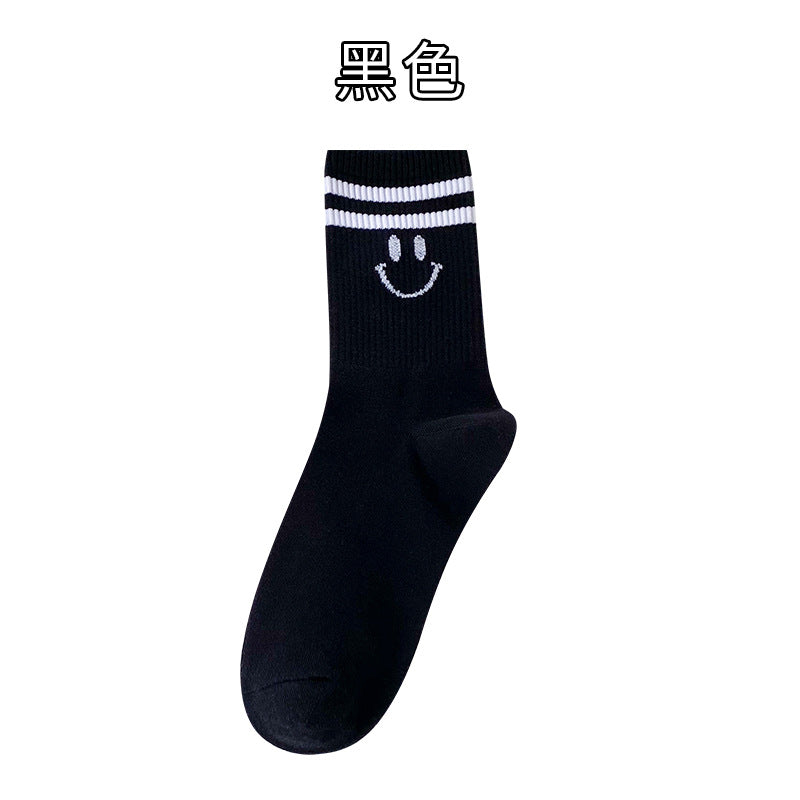 Female cute cotton socks striped tube socks ins tide smiley face two-bar stockings