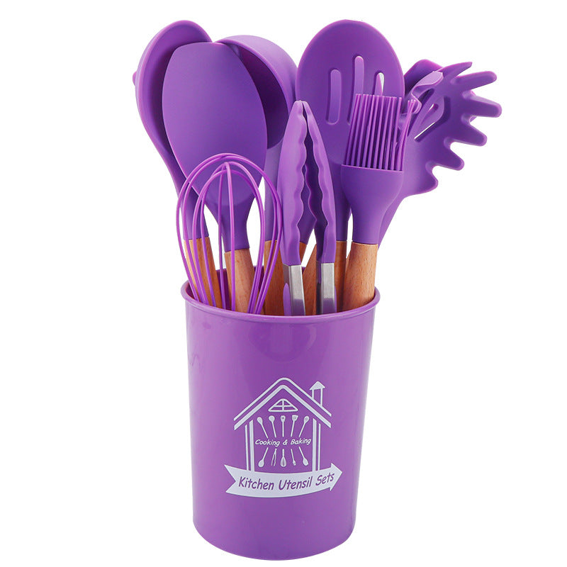 Storage barreled wooden handle silicone kitchen utensils 11 sets of silicone kitchen utensils set non-stick pot spatula spoon set