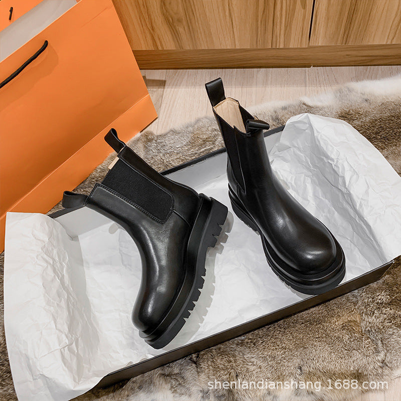 Chimney boots women's mona same style thick-soled Martin boots women's mid-tube heightened leather Chelsea short boots