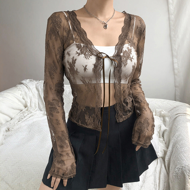 European and American sexy lace perspective cardigan straps V-neck slimming short-sleeved top T-shirt