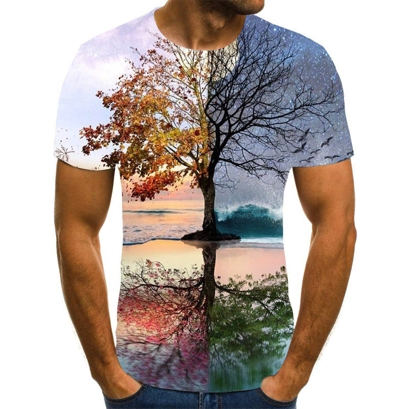 European and American cross-border new couple printing T-shirts, beautiful scenery 3D digital printing men's short sleeves