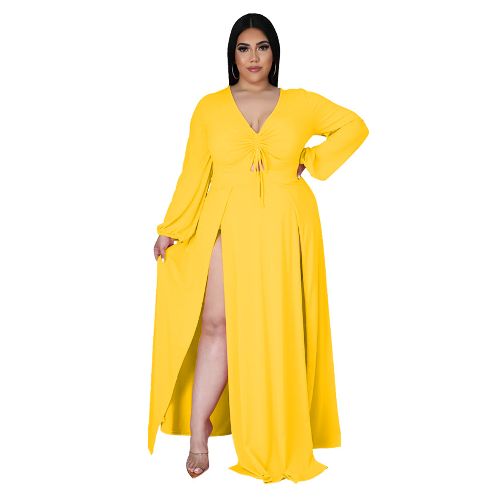 European and American fashion sexy V-neck solid color plus size dress