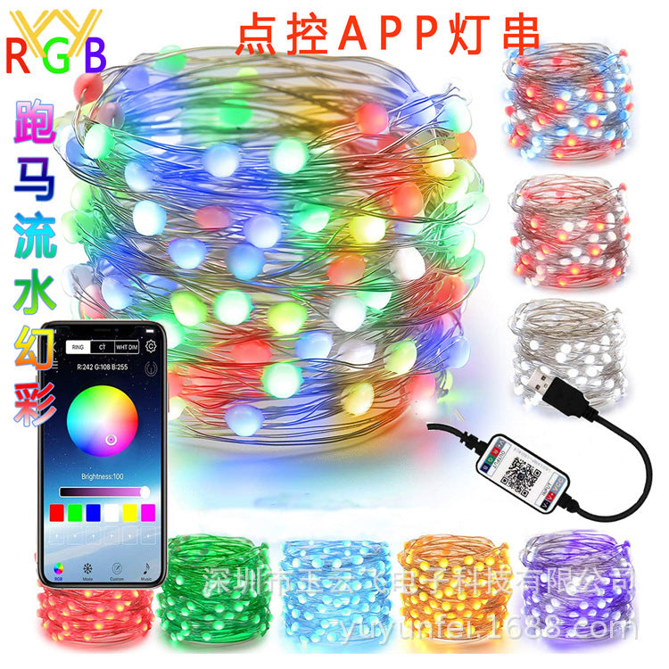 New mobile phone APP Happy running water string lights point-controlled three-wire Bluetooth USB copper wire string lights Christmas music sound control lights