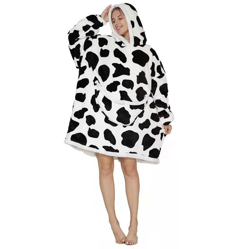 Lazy blanket flannel composite lamb wool pullover sweater TV blanket hooded lazy outdoor warm pajamas