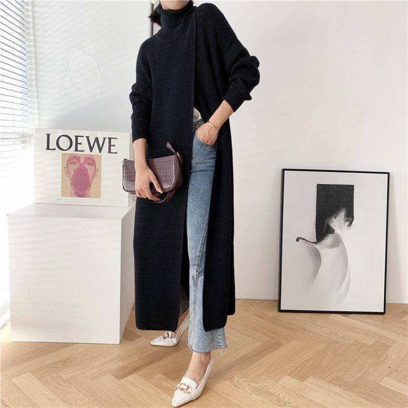 European and American goddess fan long knitted turtleneck sweater long skirt pullover bottoming with slit inside