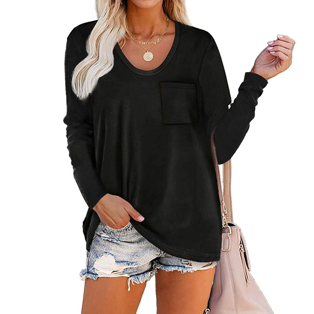 European and American cross-border round neck striped pocket casual long-sleeved loose top T-shirt