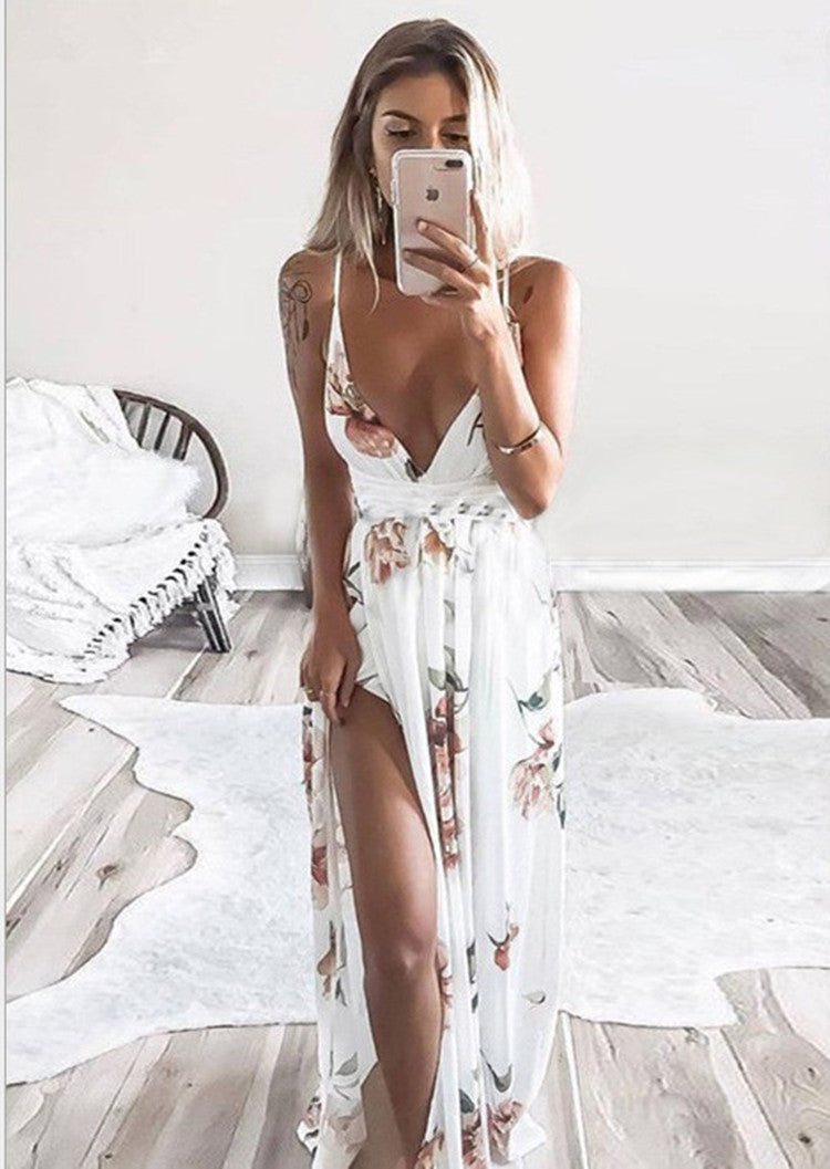 Women's Sexy Printed Sling Halter Slit Beach Dress