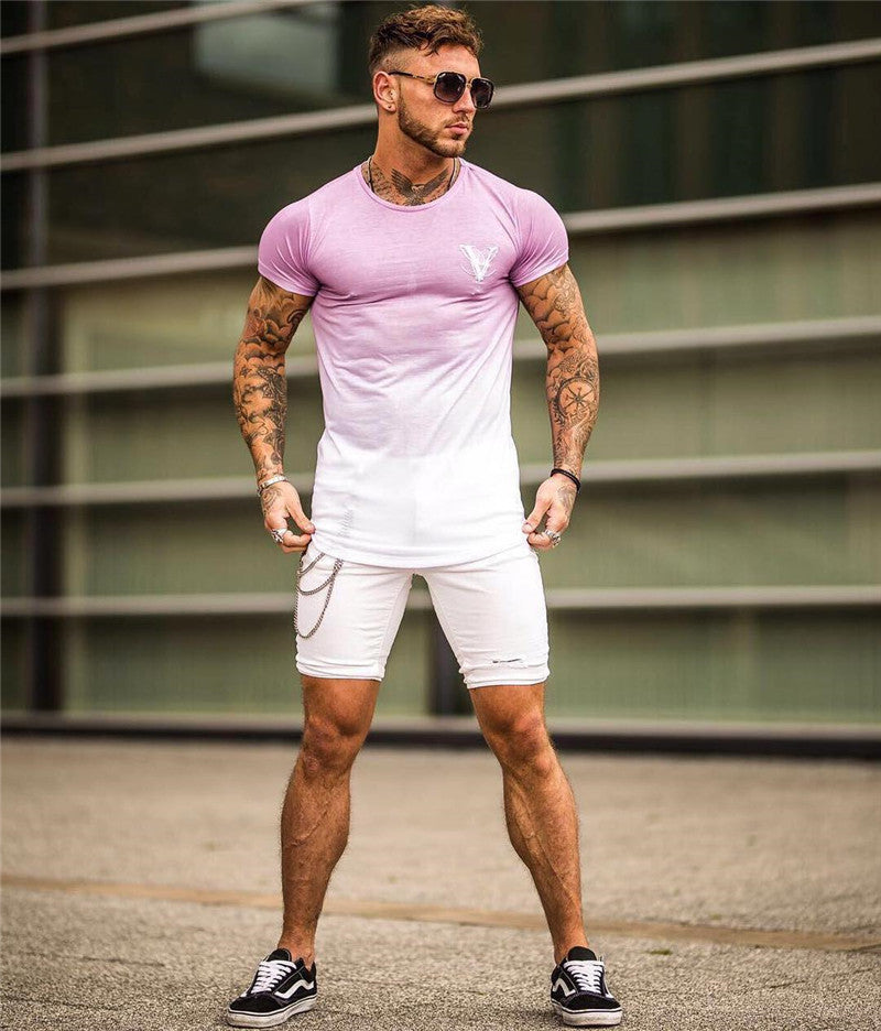 Summer new muscle fitness T-shirt men outdoor leisure fitness running quick-drying sweat-absorbent short-sleeved slim fit