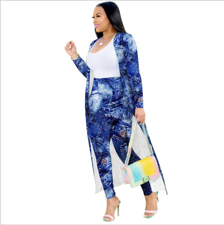 European and American cross-border exclusive long-sleeved printed jacket cloak leggings two-piece