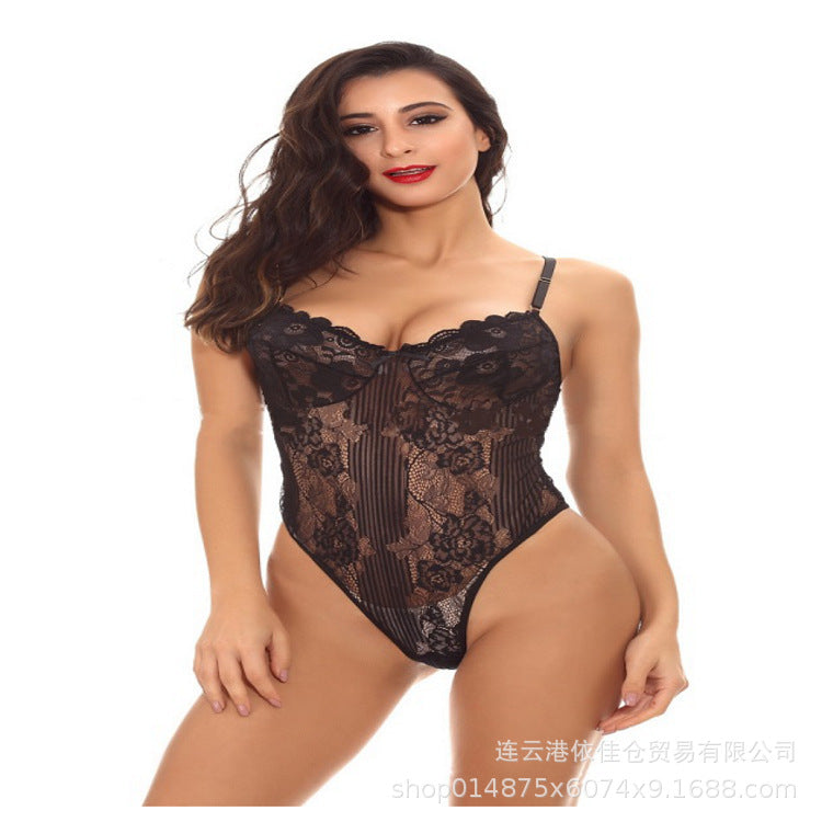 Trade erotic lingerie hollow body tight one-piece sexy backless temptation lace perspective halter pajamas