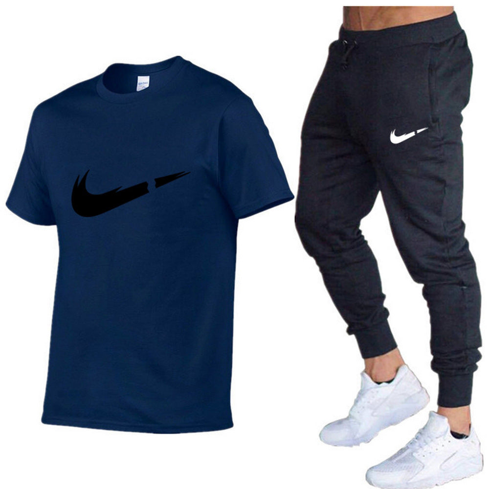 European and American men's running casual short-sleeved T-shirt + sports trousers two-piece jogging suit