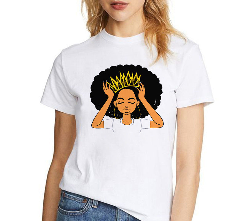 European and American Casual Cartoon Feminism Cartoon African Girl Printed Ladies T-shirt