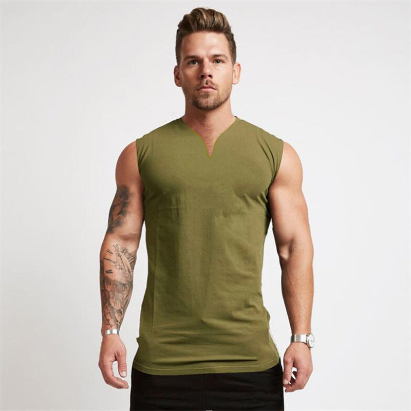 European and American solid color summer small V-neck sports vest male bodybuilding fitness sleeveless T-shirt running training top cotton