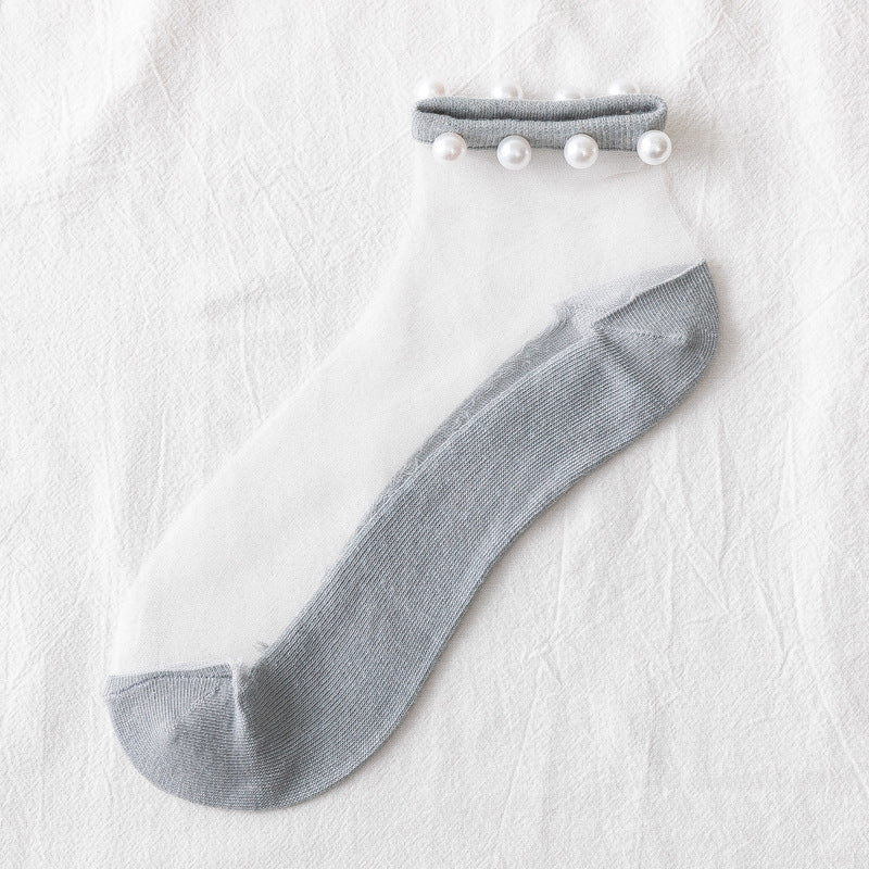 Pearl transparent glass silk women's socks thin Korean cotton socks card silk boat socks vibrato stall