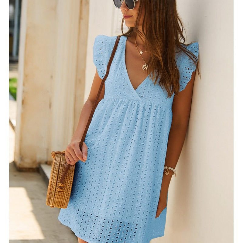 European and American V-neck short-sleeved lace dress