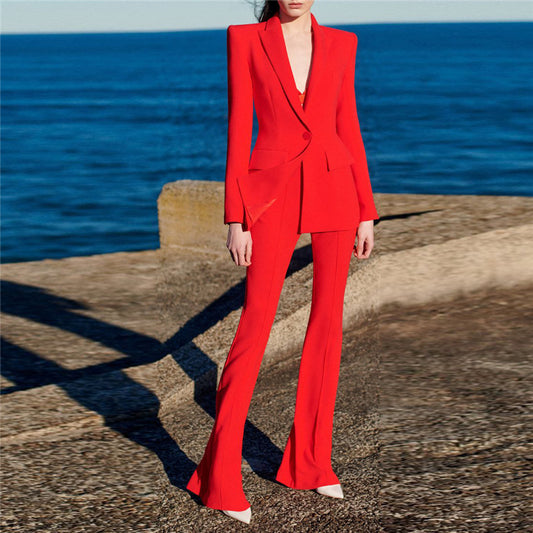 European and American professional wear fashion one button cloth button mid-length suit + flared pants two-piece suit