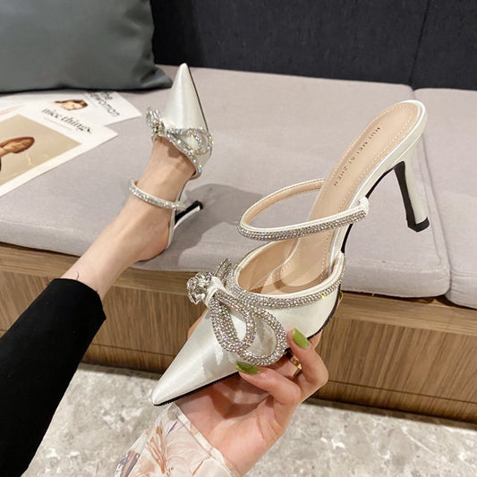 Korean style fashion rhinestone one word with Baotou pointed toe high-heeled sandals and slippers
