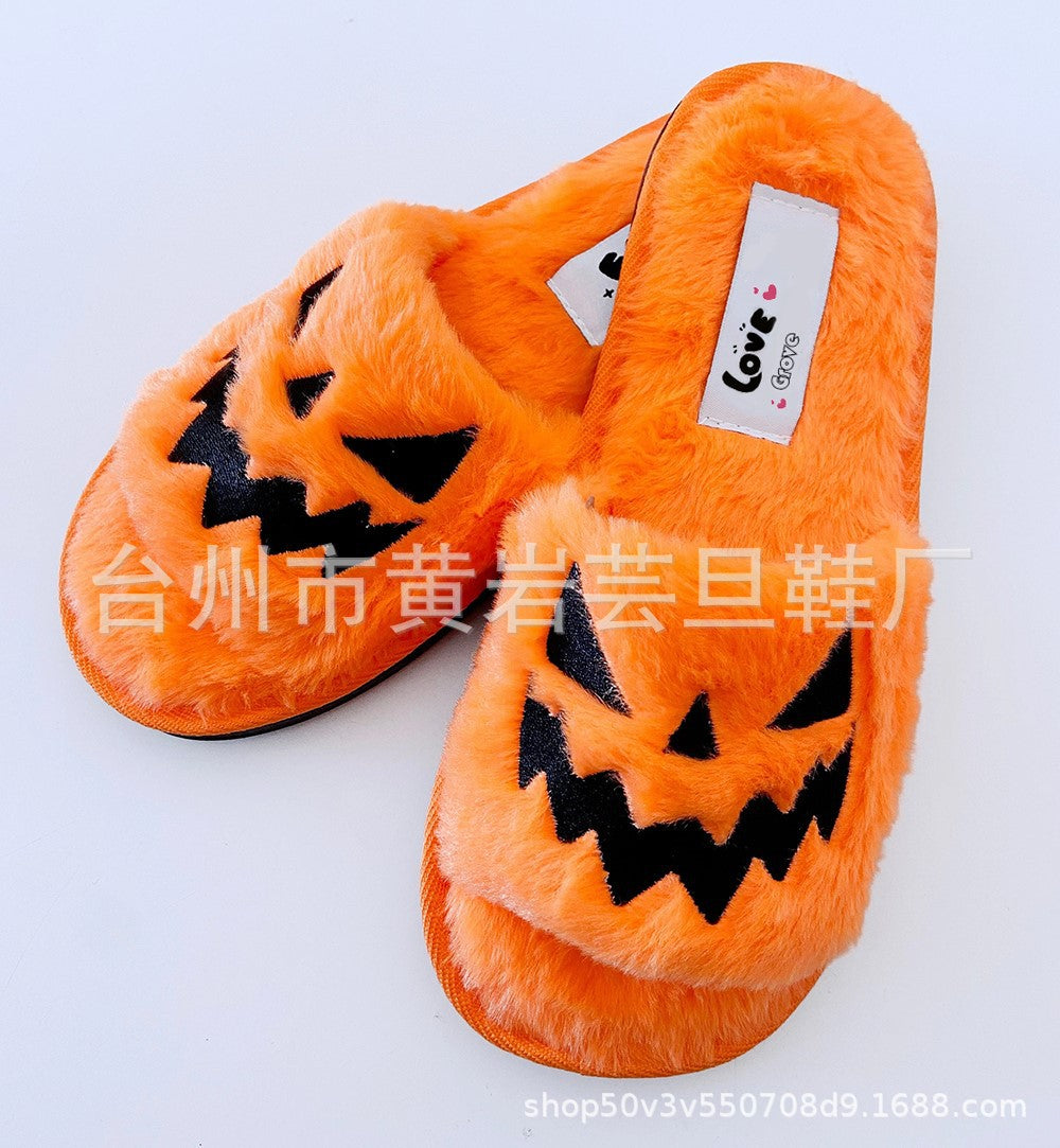 Slippers Women's Halloween Pumpkin Lantern Slippers Soft Plush Comfort Open Toe Outer Wear Plush Slippers