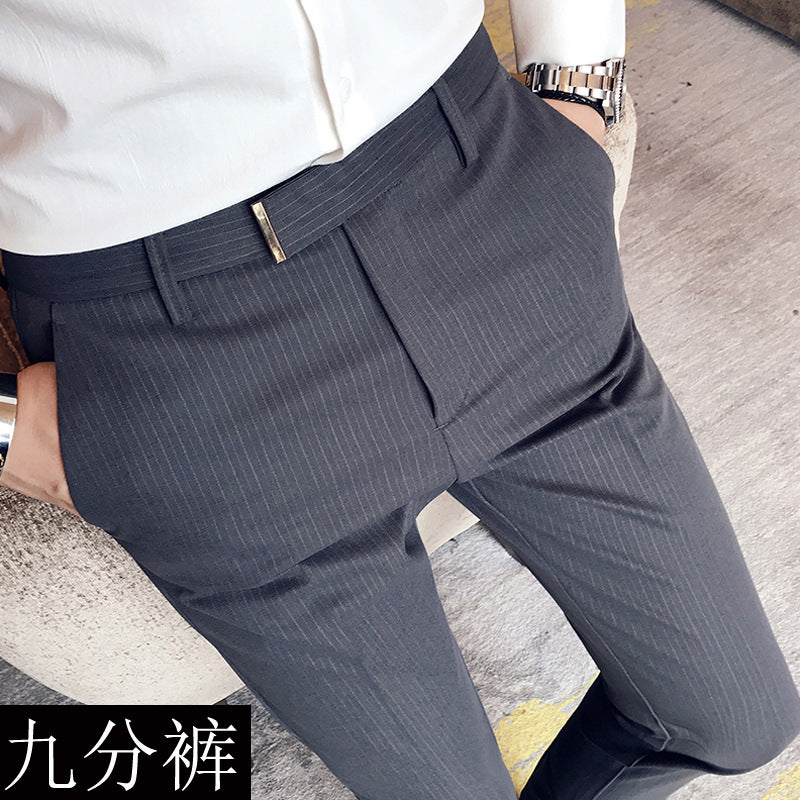 Men's Slim Pants Korean Style Fashion Casual Drape Summer Thin Nine Striped Suit Pants