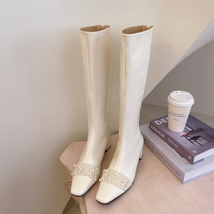 Rhinestone square head thick heel middle heel rear zipper high tube chimney long boots all-match long tube knight boots