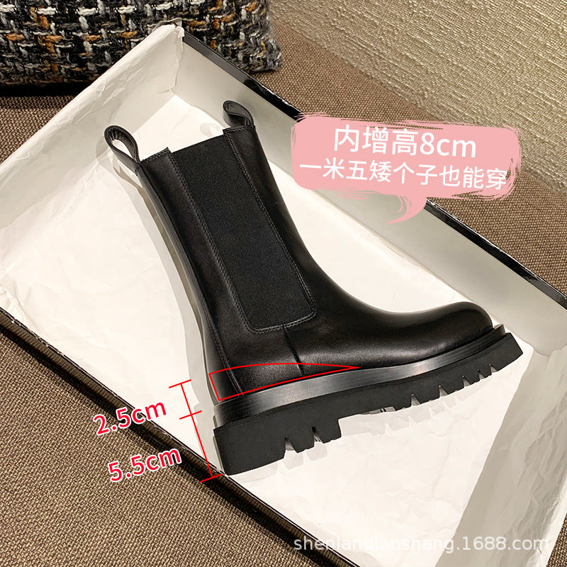 Chimney boots women's mona same style thick-soled Martin boots women's mid-tube heightened leather Chelsea short boots