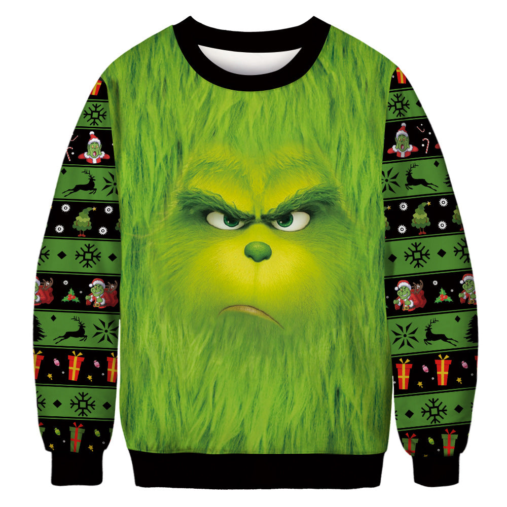 Christmas Grinch Digital Printing Couple Autumn Clothes Round Neck Long Sleeve Sweater Casual Loose Top