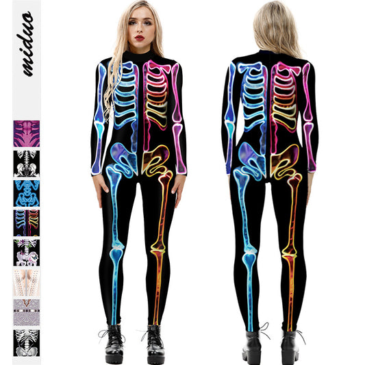 Skeleton 3D digital printing Halloween cosplay costumes women's tight-fitting long-sleeved jumpsuit