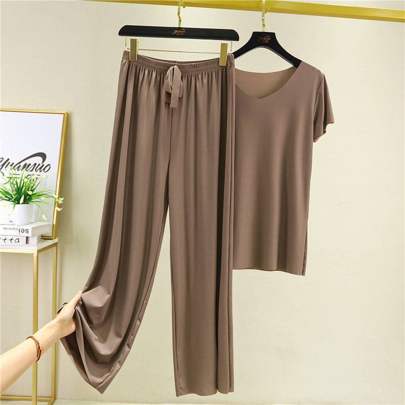 Summer ice silk pajamas two-piece short-sleeved women's new home wear casual loose wide-leg pants pajama pants