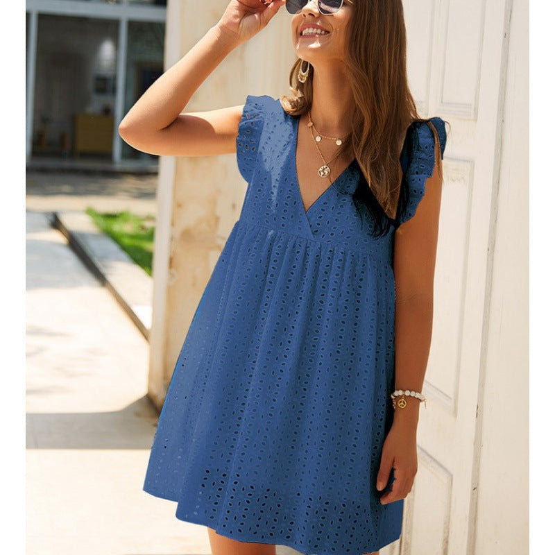 European and American V-neck short-sleeved lace dress