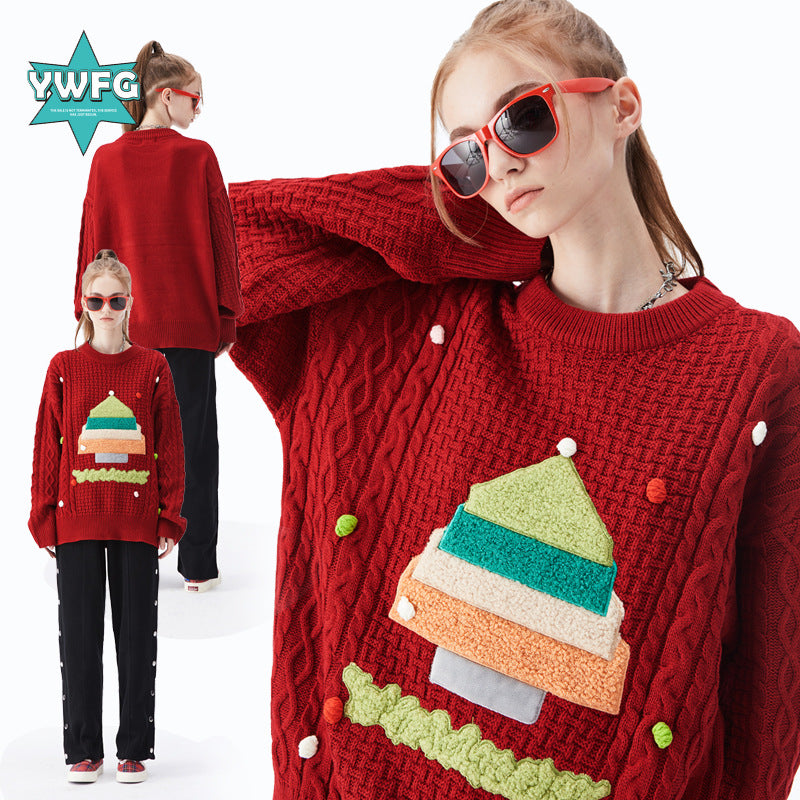 YWFG women's Christmas color Christmas tree vegetable tanned alphabet twist cartoon men and women sweaters