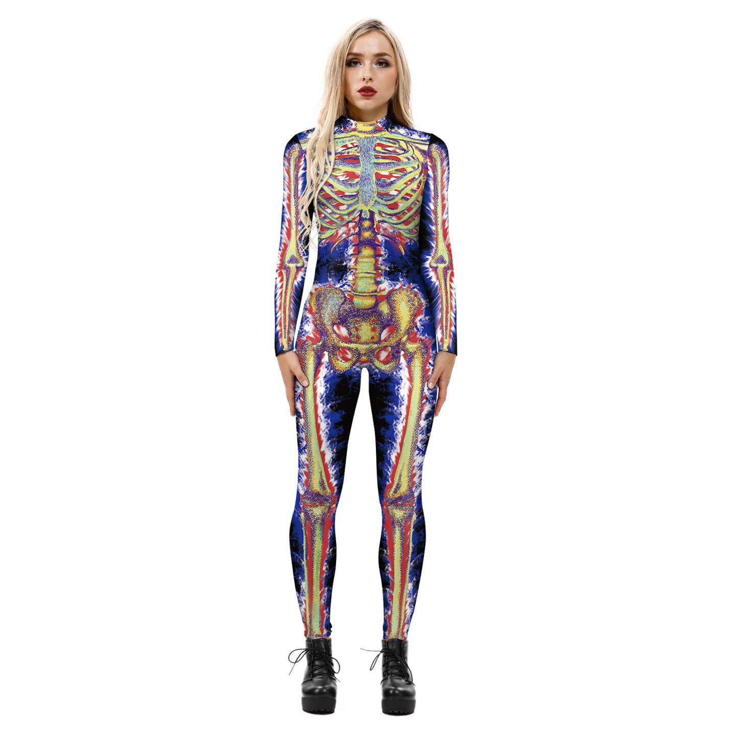 New Halloween skeleton digital printing long-sleeved bodysuit slim fit slim cosplay costume