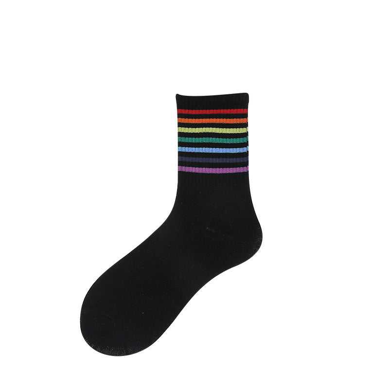 Socks female spring rainbow socks ladies simple medium tube cotton socks fresh striped cotton stockings